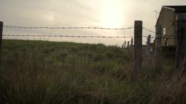 Landscape Barbed Wire Field Sunset — Vídeo de Stock