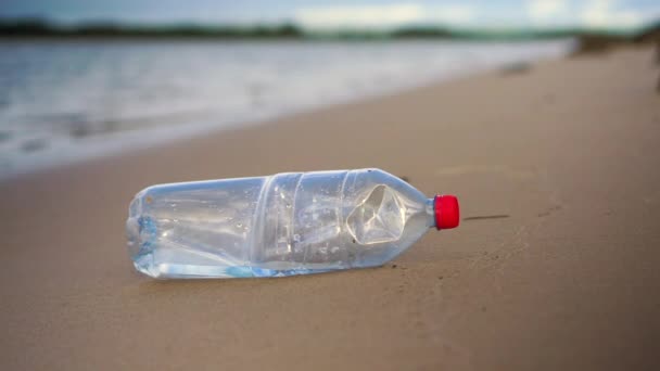 Close Plastic Bottle Calm Sandy Beach Being Picked Person Water — Video Stock