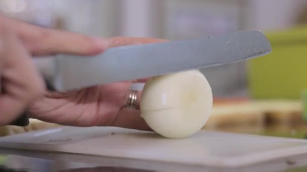 Молода Жінка Нарізає Цибулю Бутерброд Барбекю Обід — стокове відео