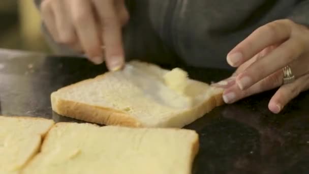 Young Woman Busy Buttering Bread Make Sandwiches Barbecue Lunch — Wideo stockowe