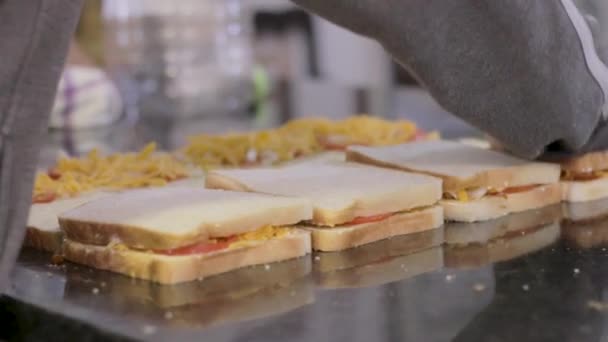 Молода Жінка Зайнята Виготовленням Бутербродів Барбекю Обід — стокове відео