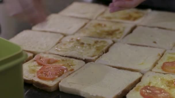 Young Woman Putting Tomatoe Slices Sandwich Barbecue Lunch — ストック動画