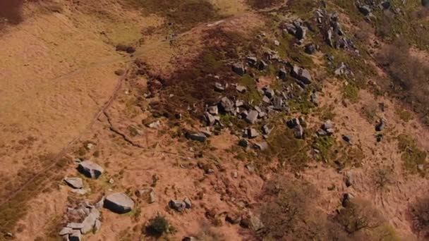 Drone Aerial Shot People Walking Bamford Edge Path Walk Trail — Video