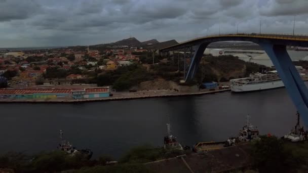 Looking Julianna Bridge Seeing Free Winds Ship Docked — Stock Video