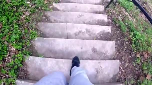 Guy Sweatpants Black Shoes Walking Stairs Nature — Vídeos de Stock