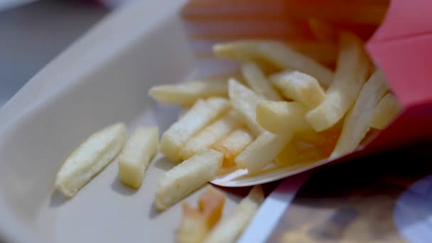 Close Fries Container Tray Caucasian Hand Comes Grabs Few Fries — 图库视频影像