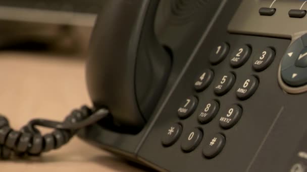 Close Desk Office Phone While Hand Pushes Buttons Removes Receiver — Video Stock