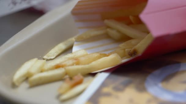 Close Fries Container Tray Blowing Wind Ready Eat Meal Lunch — Wideo stockowe