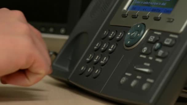 Close Hand Picking Dialing Office Phone Hanging Slow Motion — Stock Video
