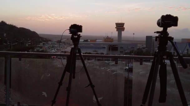 Panning Left Right Capturing Two Cameras Capturing Curacao International Airport — Stock video