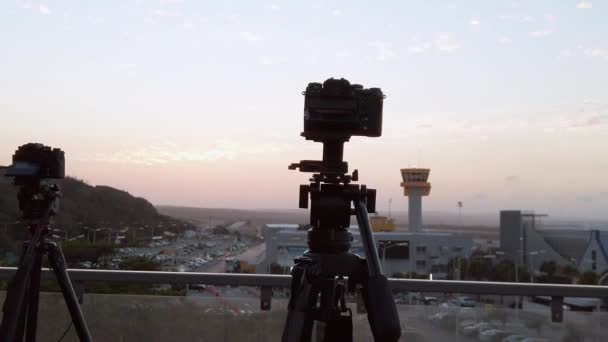 Panning Left Right Capturing Two Cameras Capturing Curacao International Airport — Stock Video
