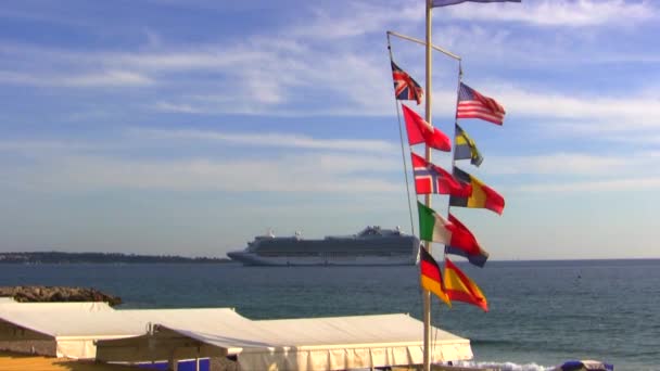 Mass Colorful International Flags Wave Ocean Breeze Cruise Ship Stands — Stock video