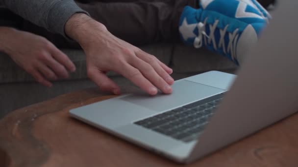 Tired Person Types Laptop Goes Back Lying Couch — 图库视频影像