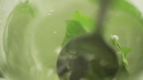 Κοντινό Πλάνο Ενός Κουταλιού Ανακατεύοντας Φύλλα Δυόσμου Μέσα Ένα Ποτήρι — Αρχείο Βίντεο
