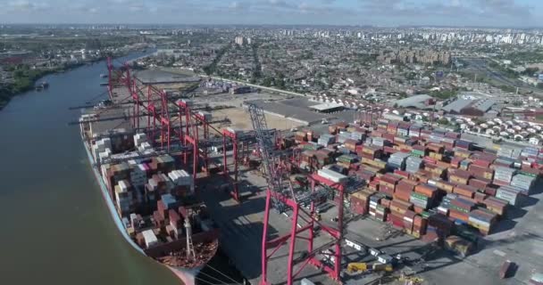 Aerial View Drone Container Ship Loading Harbor — Stock Video
