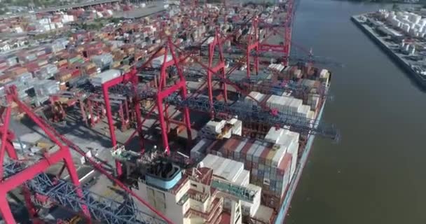 Konteynır Gemisiyle Hava Görüntüsü Limanda Yükleniyor — Stok video