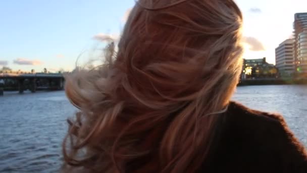 Woman Hair Blowing Riverbank Sunset — Stock Video