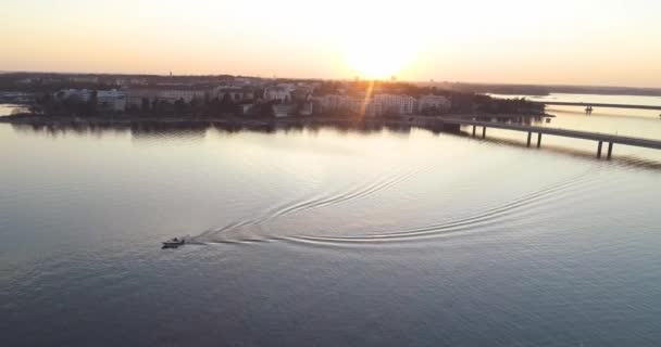 Wide Aerial Shot Circles Subject Reveals Sunset Archipelago While Continuously — ストック動画