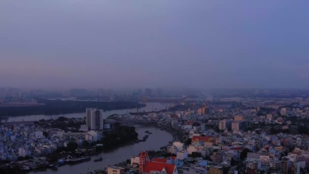 Video Drone Footage Panning Shot Saigon River City Skyline Sunset — Stockvideo
