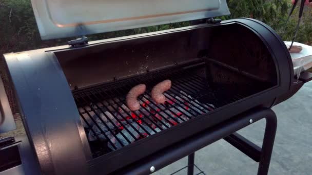 Putting Sausages Grill Cook Them Bbq — Stock Video