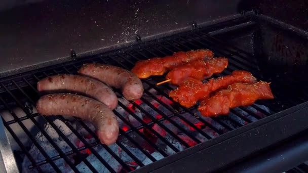 Looking Sausages Chicken Sate Getting Heat Smoke Bbq — Wideo stockowe