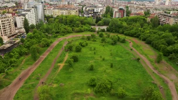 People Walking Dogs Lush Green Dirt Bike Track City — Stockvideo