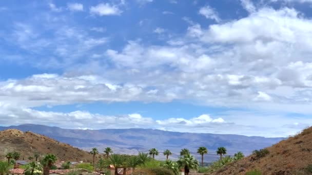 Time Lapse Desert Mountain Clouds Palm Trees Blue Skies Palm — Vídeos de Stock