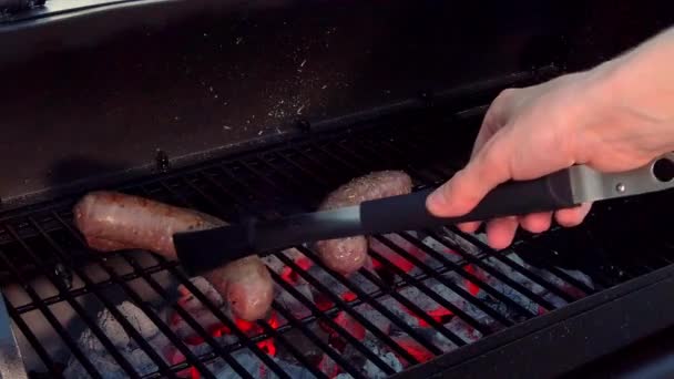 Putting Sausages Grill Cook Them Bbq — 图库视频影像