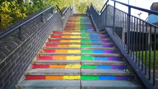 View Rainbow Walk Piece Installed Stairs Swindon Town Centre — Stock video