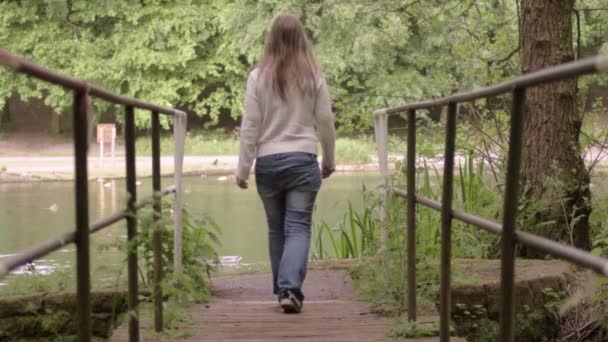 Woman Solitude Walks Lake Bridge — Stockvideo