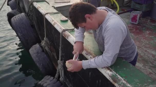 Young Boy Cleaning Seashell Boat — Stockvideo