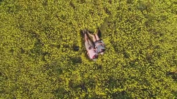 Young Couple Lays Meadow Yellow Everlasting Wildflowers Coalseam Conservation Park — ストック動画