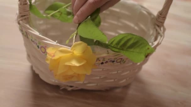 Putting Fresh Yellow Rose Flowers Basket — Stock Video