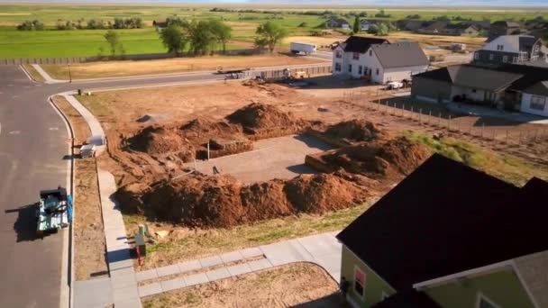 Drone Shot Spinning Recently Dug Hole Starting New House Built — Stockvideo