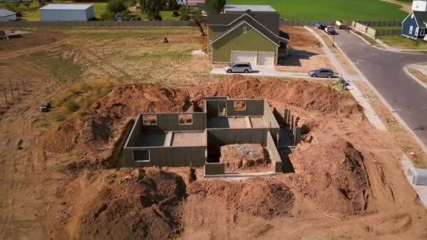 Drone Shot Spinning Foundation Basement Walls Had Just Been Poured — Vídeo de Stock