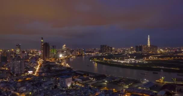 Hyperlapse Chi Minh City Skyline Including Saigon River District Night — Stock videók