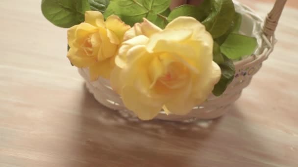 Putting Fresh Yellow Rose Flowers Basket — Vídeos de Stock