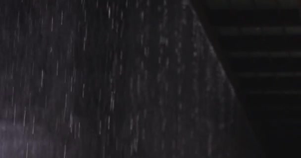 Внезапный Ливень Ночью Тропиках Капли Дождя Выделяются Тёмном Фоне Смещением — стоковое видео