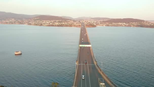 Aerial Shot Tasman Bridge Highway Sunset Drone Footage — Vídeos de Stock