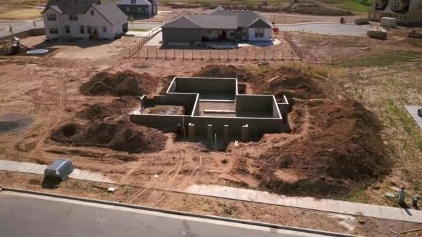 Drone Shot Spinning Foundation Basement Walls Had Just Been Poured — Stockvideo