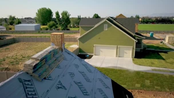 Drone Shot Back Away Passing Newly Framed House Shingles Ready — Video