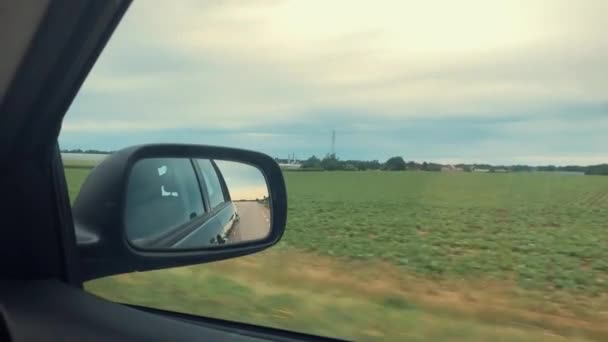 Вид Дзеркало Автомобіля Зелених Полів — стокове відео