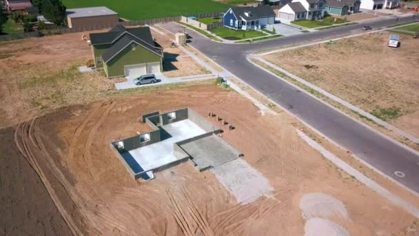 Drone Shot Spinning Foundation Basement Walls Had Just Been Poured — Stockvideo