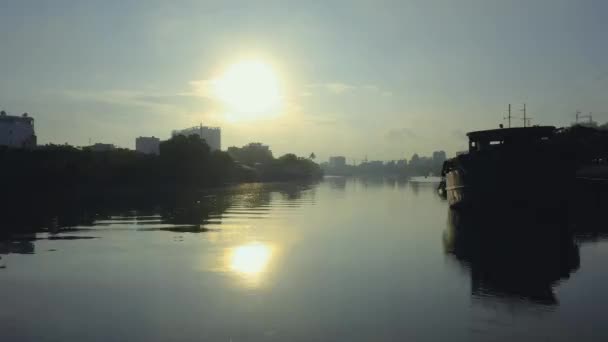 Sunrise Reflections Riverboats Canal Entrance Saigon River Port Chi Minh — Video Stock