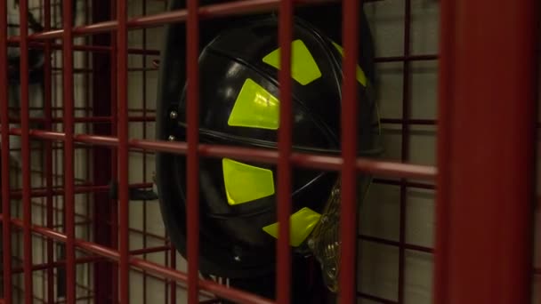 Firefighter Helmet Hangs Locker Fire Station — стоковое видео