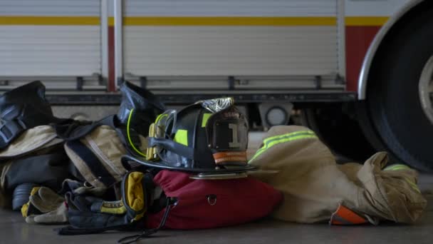 Firefighting Helmet Other Gear Floor Fire Truck Ready Emergency Response — Video Stock