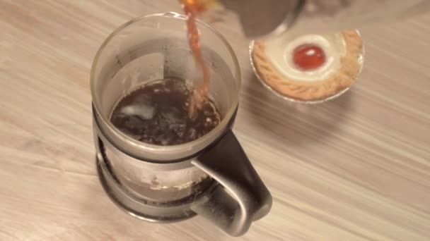 Pouring Fresh Coffee Pot Cherry Cake — 图库视频影像