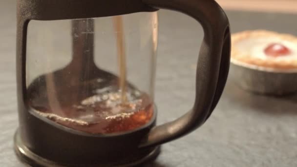 Pouring Fresh Coffee Pot Cherry Cake — Vídeo de Stock