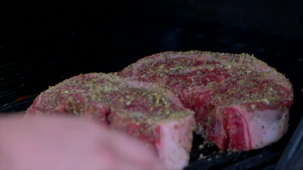 Pair Brand New Steaks Grill Starting Cook Grill Lid Shut — Video