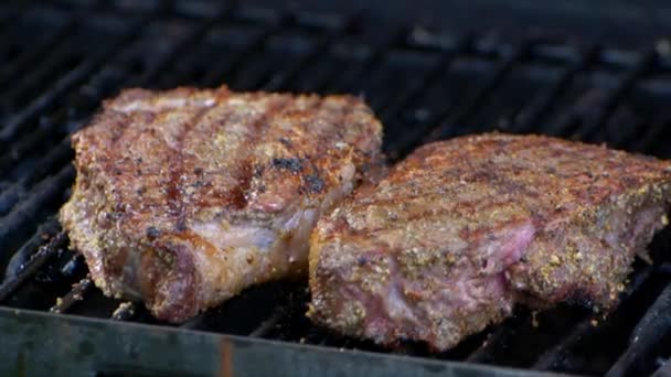 Two Thick Juicy Rib Eye Steaks Covered Grills Lid Closed — Video